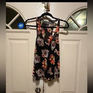 Floral V-Neck Sleeveless Tank Top - Black with Multicolor Floral